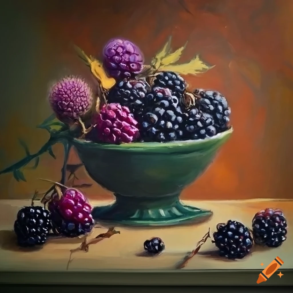 Stunning autumn still life painting of blackberry twigs, blackberry