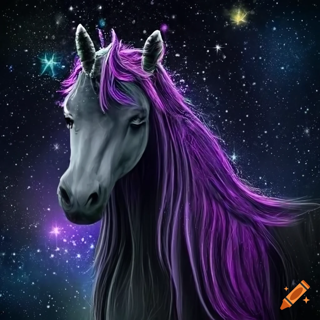 Create a photo of a black unicorn with a black starry mane in front of ...