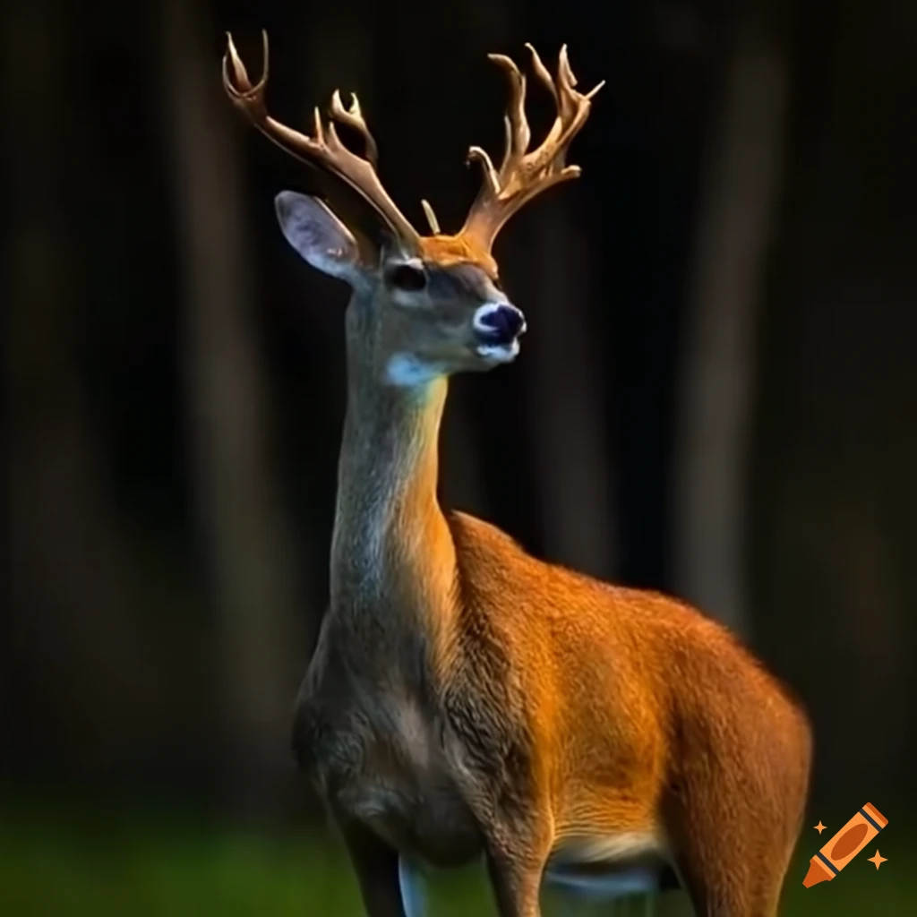 Deer standing on two legs with very bright glowing eyes
