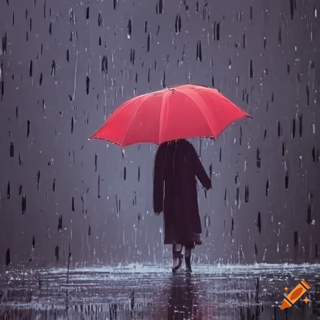 A person walking with a red umbrella in the dark rain in the rain on ...