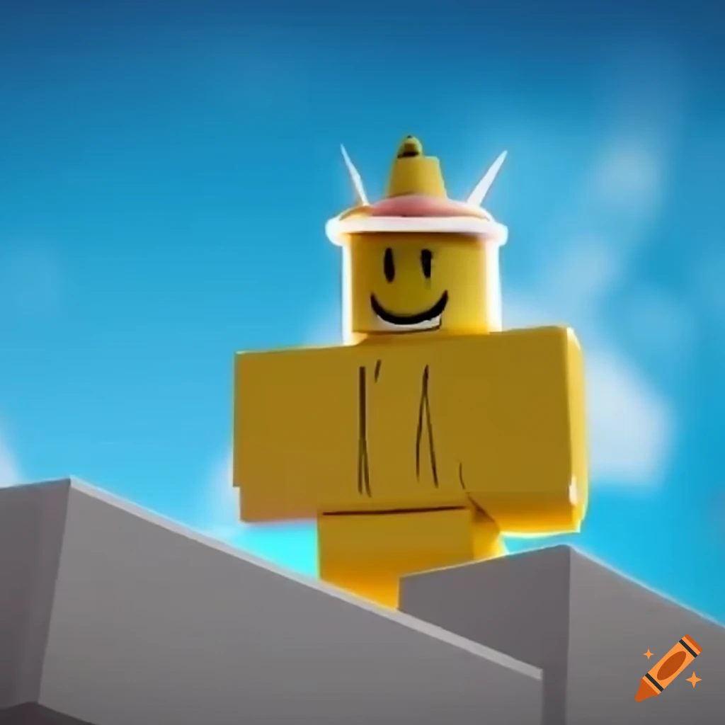 A angry roblox character with a sky background behind him while standing on  a block