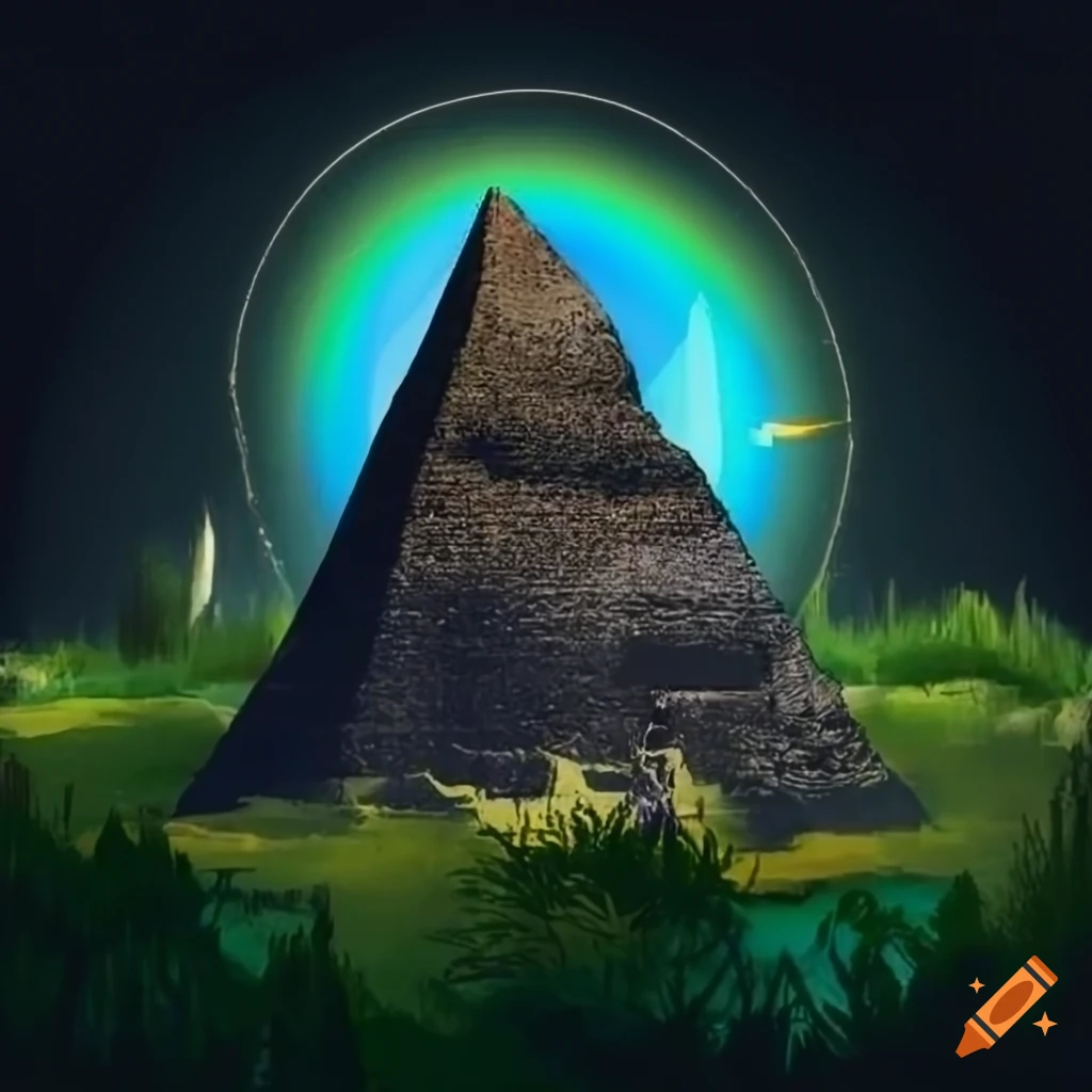 Theater piece showing a black pyramid surrounded by vegetation, water