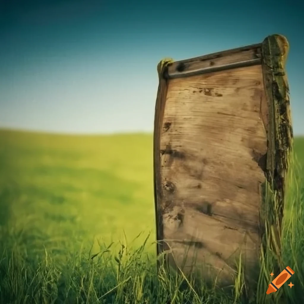 A primitive arched wooden sign, with parchment news clippings nailed to