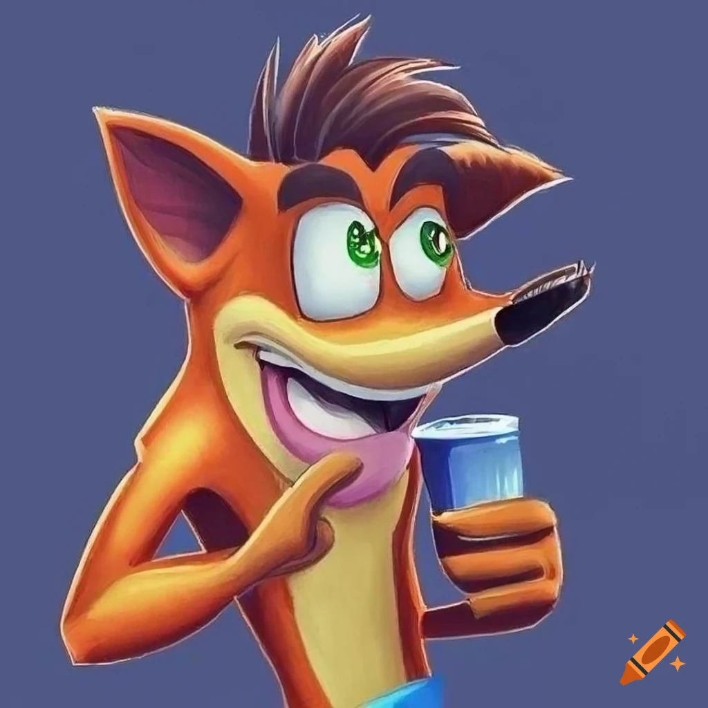 Crash bandicoot enjoying a drink (charles zembillas art syle looney tunes art syle)