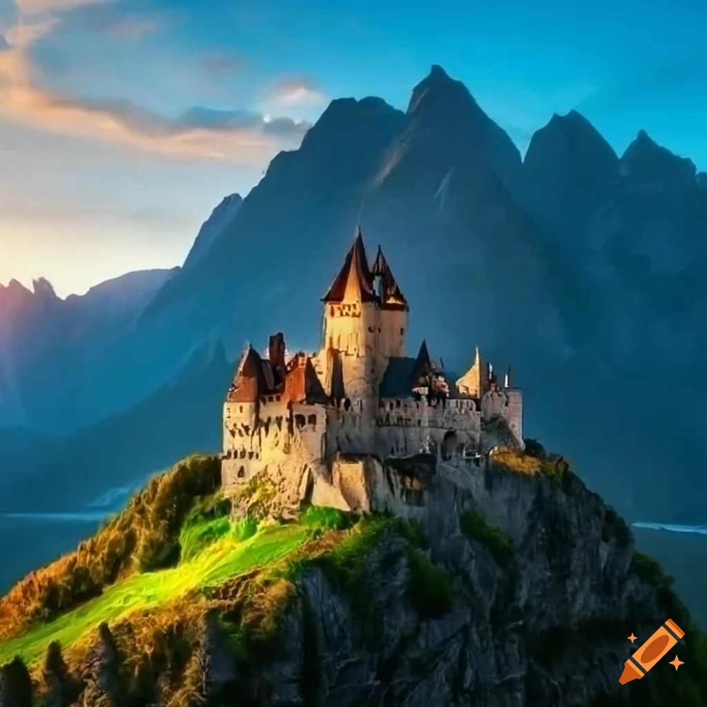 A detailed picture of mountain view with a castle on the mountain at ...