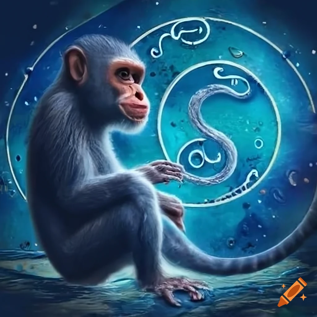 A mystical blue Monkey Zodiac near water on Craiyon