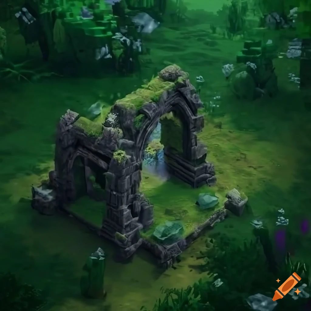 A moss-covered stone ruins in a fantasy RPG game forest fantasy grass texture isometric view mystic cathedral filled with crystals, pond, lush vegetation, crystals silver, detailed, crystal gravel glass, gothic ruins, cinematic lighting, 8k, unreal engine render isometric chest in the style of a 2D game made of stone overgrown with moss with flowing water with small turrets on the sides forest ruins from above perspective for top-down fantasy RPG game Secret garden with ancient walls a mystic