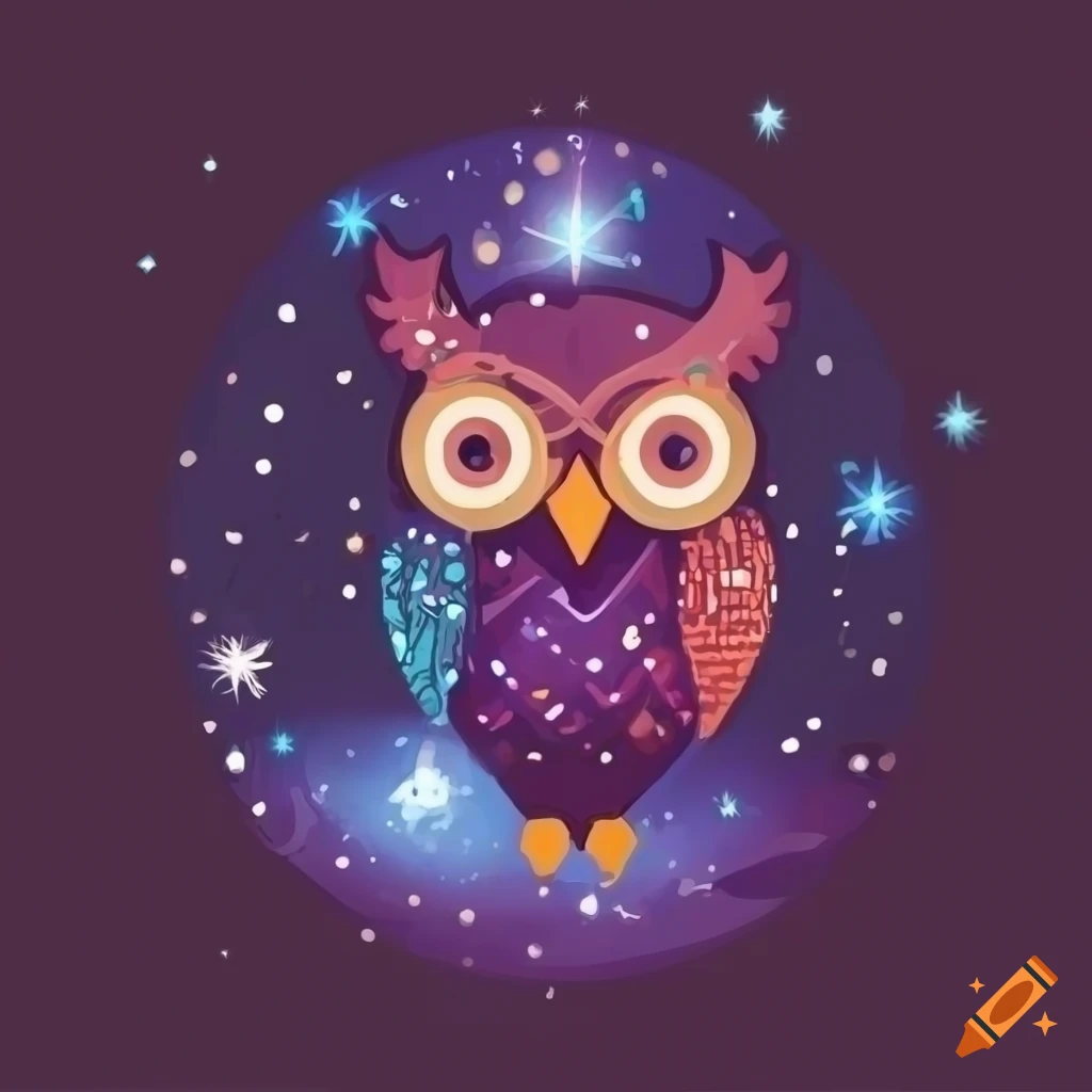 Cosmic owl in flat design with disco elysium style