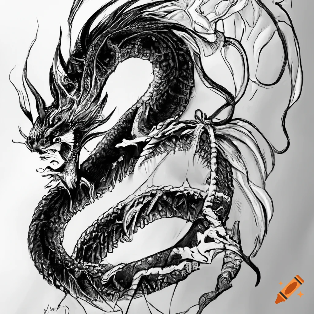 Japanese dragon drawing, black and white