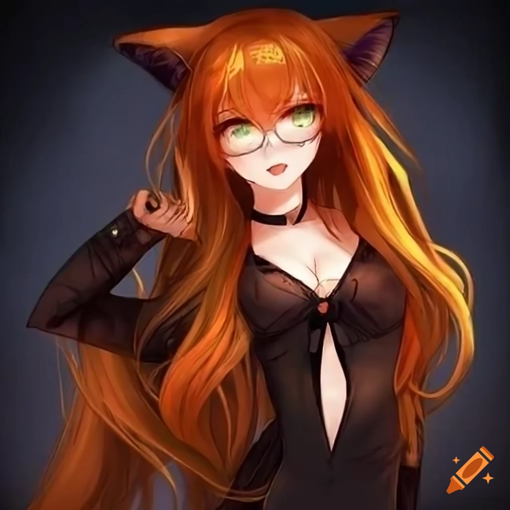 catgirl, green eyes, witch, ginger hair, black glasses