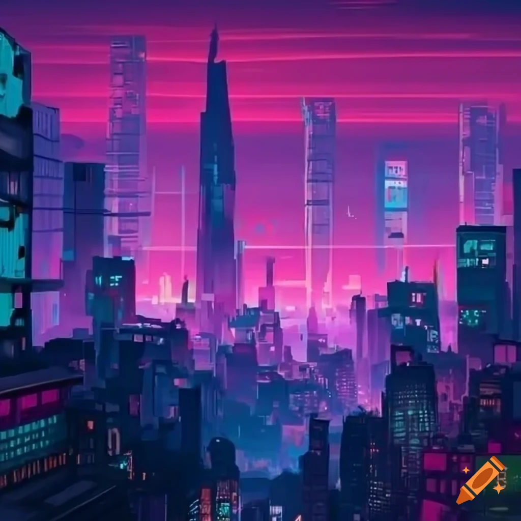 Cyberpunk landscape with a town at the horizon with neon lights on Craiyon