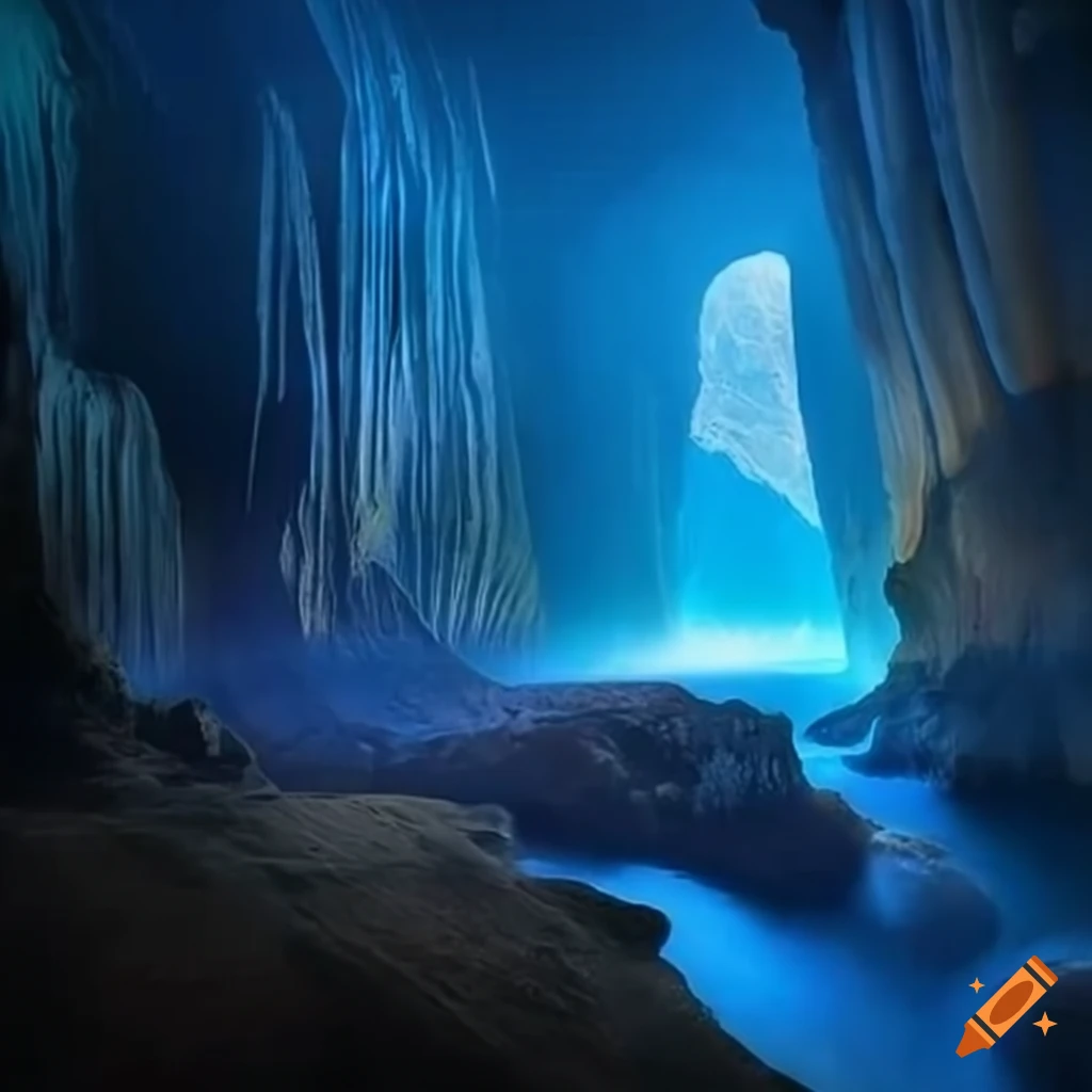 A mysterious cave illuminated by ethereal light, a surreal paradise on