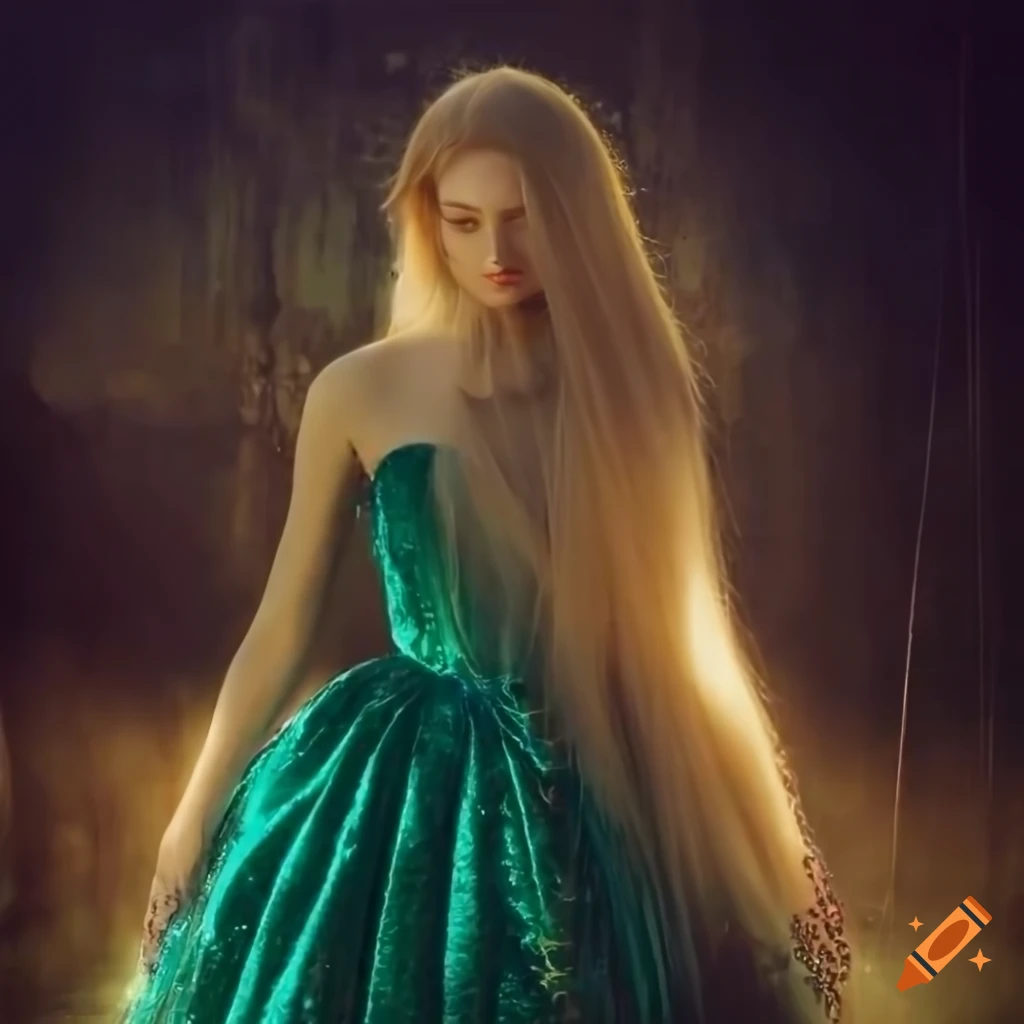 A beautiful ethereal woman with long blonde hair and green amber hazel  hooded eyes wearing gold jewelry and a long princess dress of emerald green  satin velvet sequins jacquard, in morning dawn