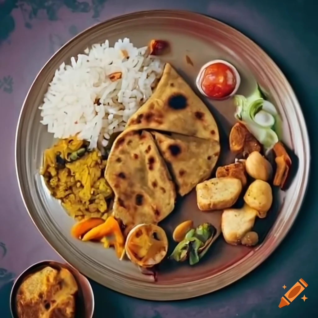 An indian plate containing rice, chapati, pulse, vegetable curry