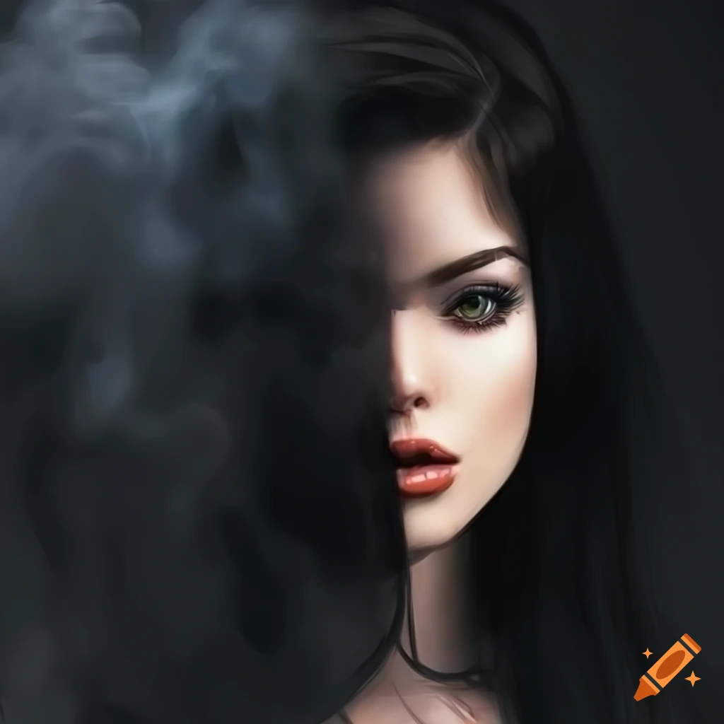 Black Hair Amber Eyes Beautiful Girl Surrounded By Black Smoke On Craiyon