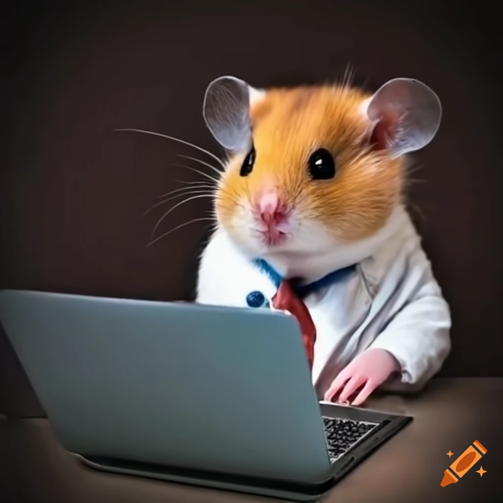Hamster wearing a suit using a laptop
