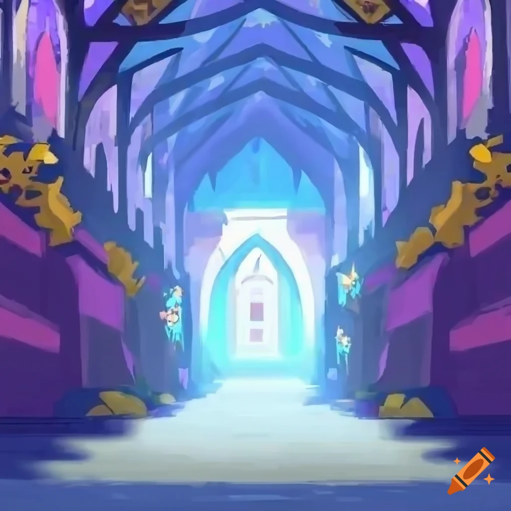 A vast cathedral hallway interior painterly pokemon battle background
