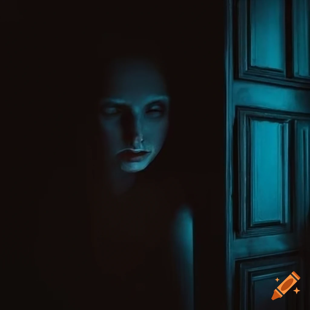 A pale face looking in through a doorway in a dark house, surrounded by  darkness, face illuminated by light on Craiyon