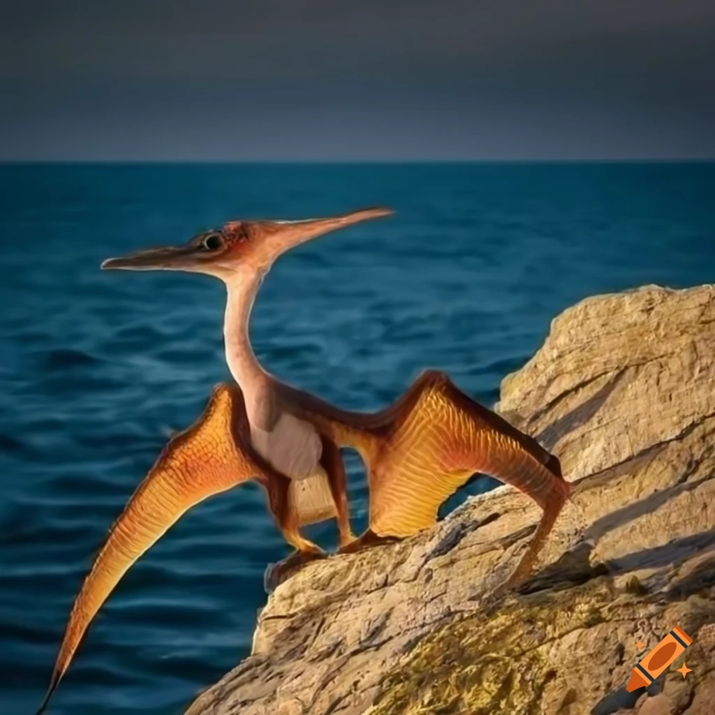 A majestic pterodactyl with beautiful colors, standing on a coastal rocky outcrop , backlit in a bright morning