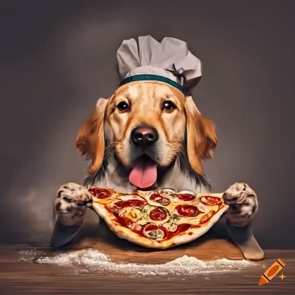 Pumba the golden retriever in a pizza chefs outfit cooking pizza