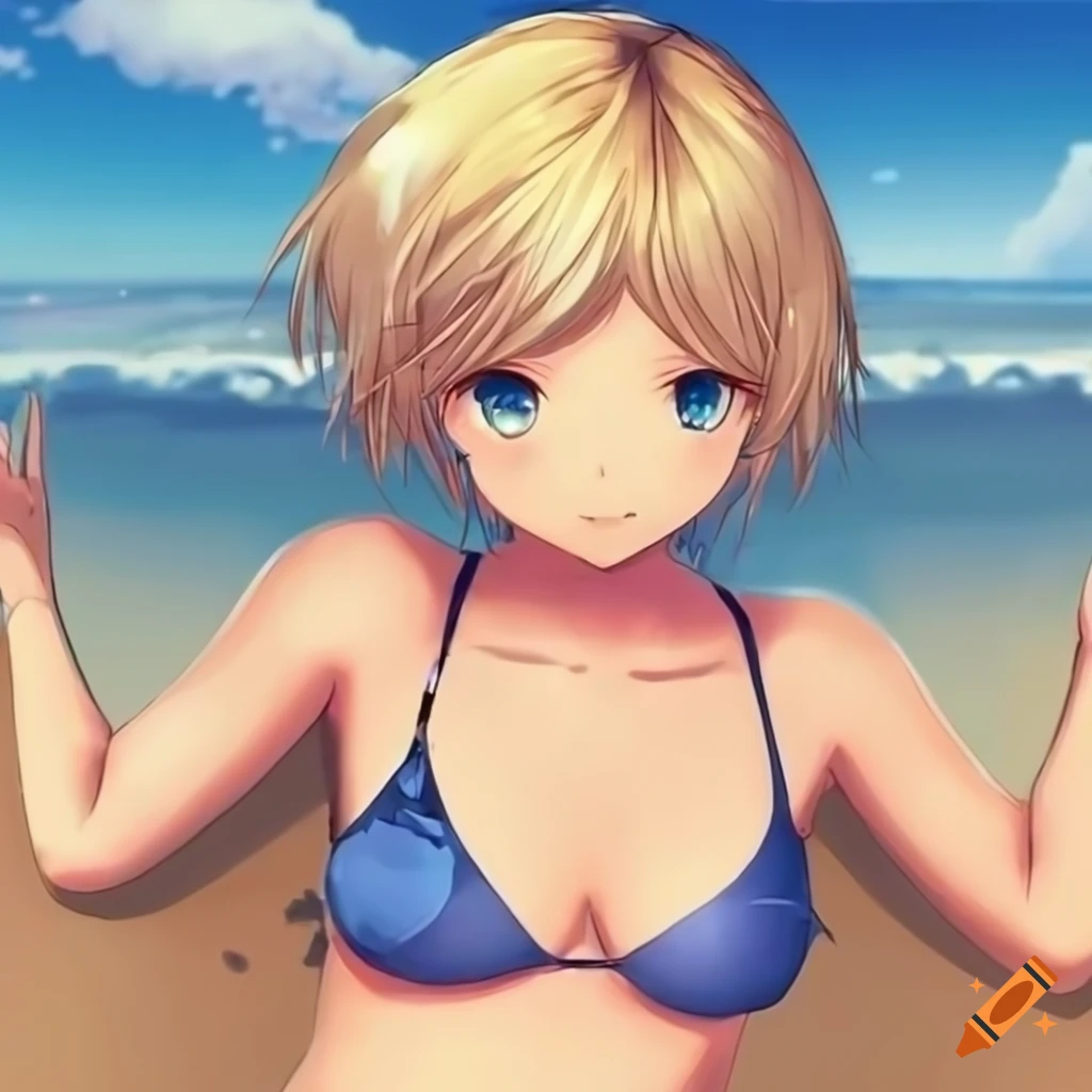Anime,beach,lightskin,cute girl,blonde hair,blue bra,blue pantri 