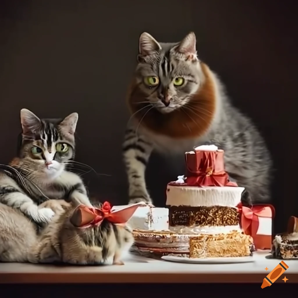 Funny photo of a cat sitting at a table in a bakery and cafe and enjoying  an array of chocolate deserts.