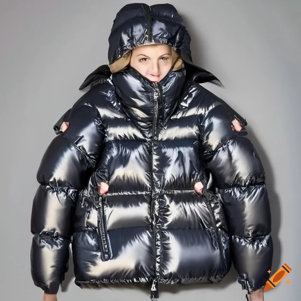 In a cold snowy day, a woman is wearing a big, shiny ,inflatable, oversized  and fat bubble hooded puffer jacket, designed by moncler and balenciaga,  her jacket collar is high an puffy