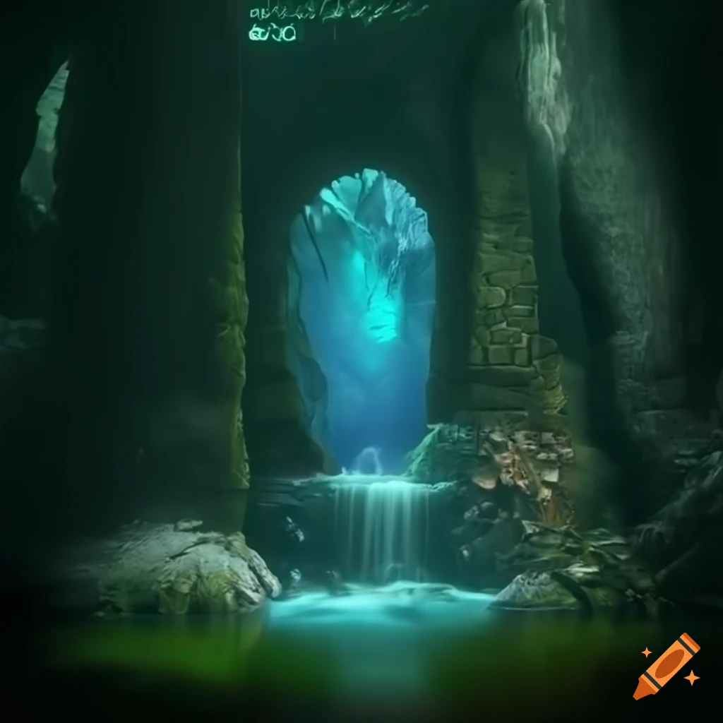 Portal opaque to another world inside of a cove, high definition, with flowing water with awoken destiny ruins in a fantasy reflective pools and waterfalls, A moss-covered stone castle ruin amidst a lush fantasy game forest geology illustration of rock expansion in sunlight gothic ruins, ruins of Atlantis, underwater, lit by shafts of light, cinematic lighting, 8k, unreal engine render