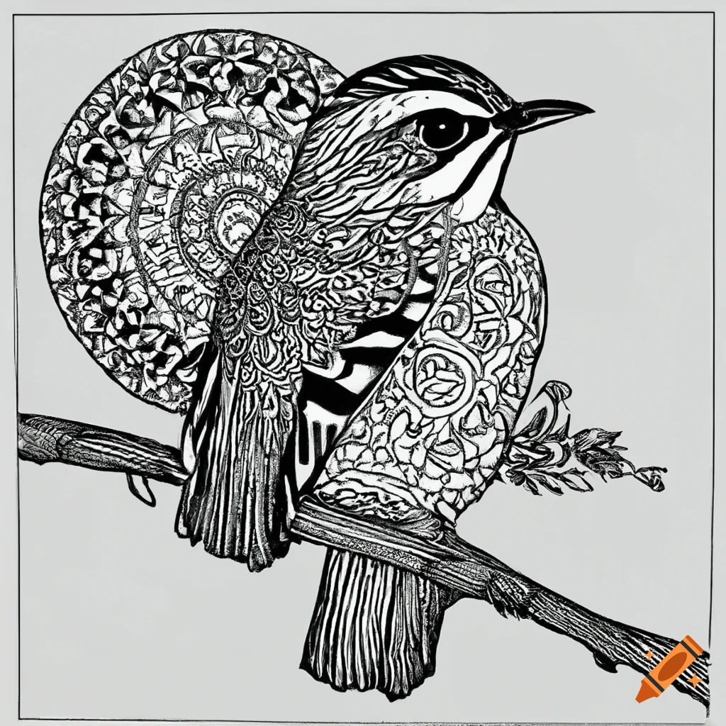 Coloring pages, mandala, bird image (brown-cheeked fulvetta), white ...
