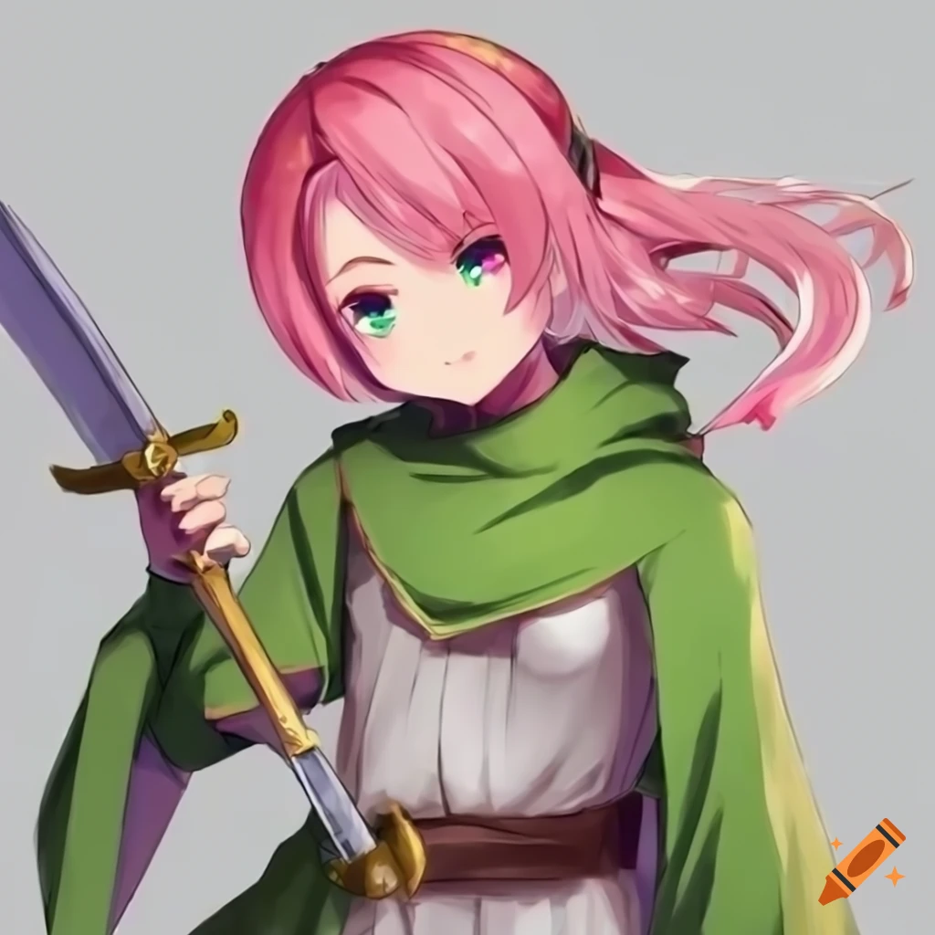 pink haired anime warrior girl with armour and a sword