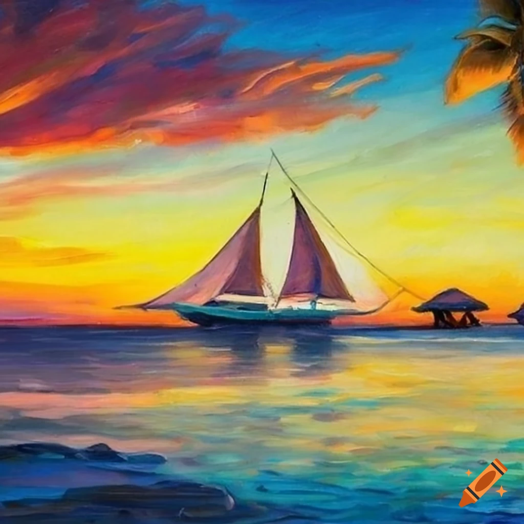 An impressionist painting of a sailboat anchored in a bay of a tropical ...