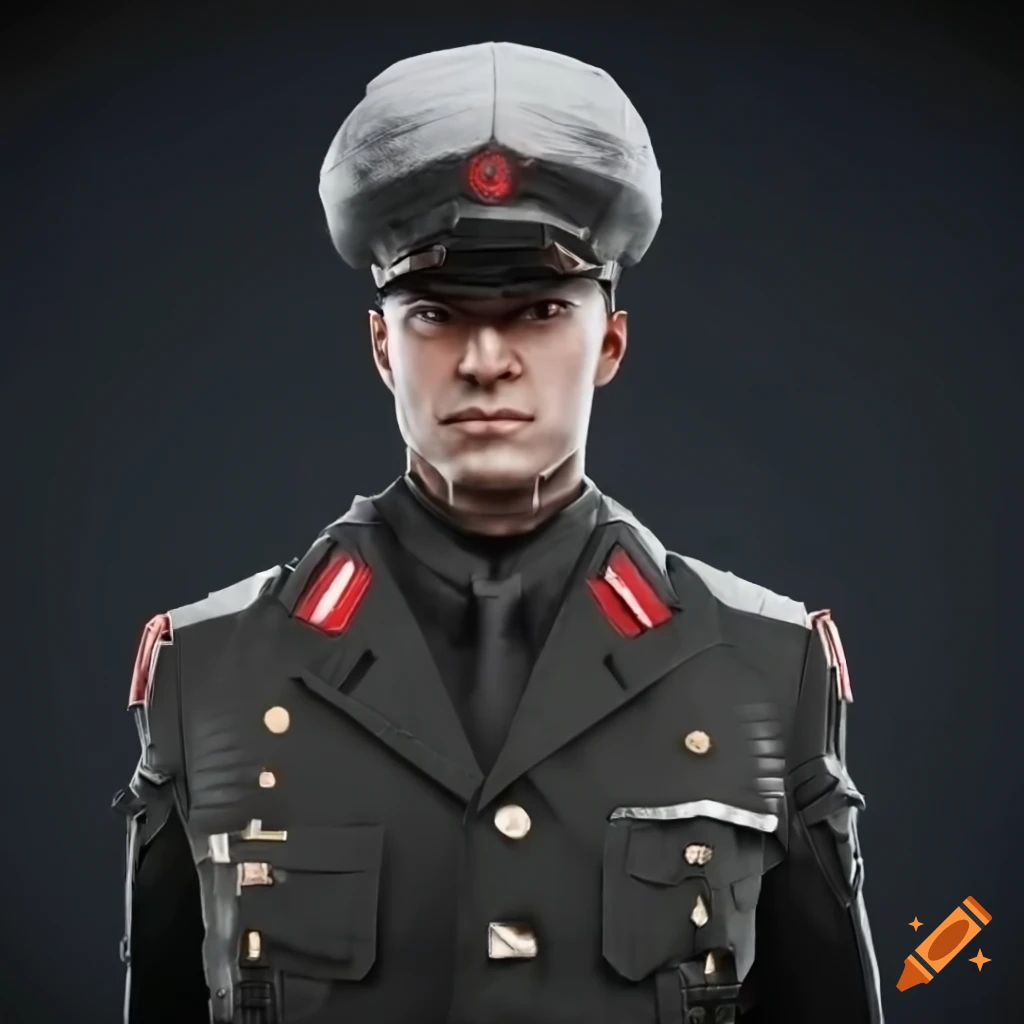 Unreal engine 5 portrait of sci-fi man with red-black peaked cap, black ...