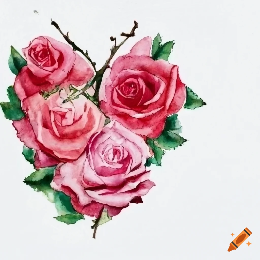 Roses with little thorns around heart white background watercolor on ...