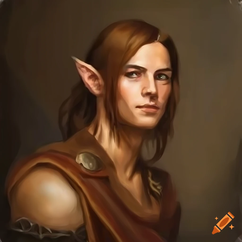 A male halfelf warrior with tan skin and brown hair casting a spell