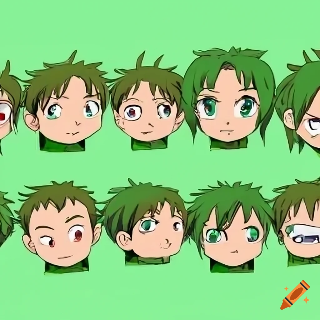 an anime graphic character with multiple expressions and poses, resembling an anime style with main color green