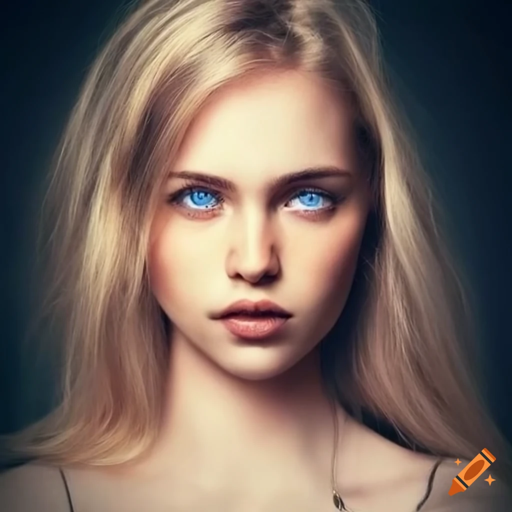 Woman, blond streight hair, big eyes, blue eyes, light skin, very