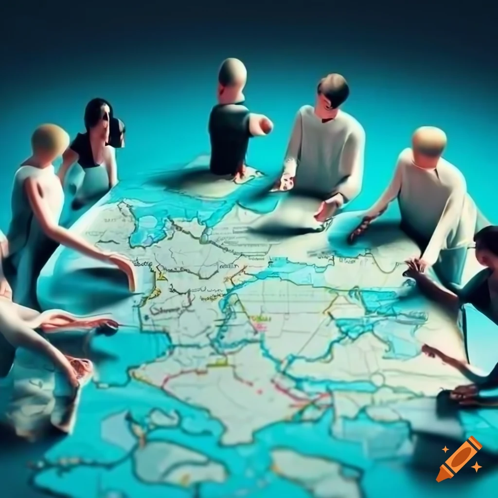 People surrounding table with map on Craiyon