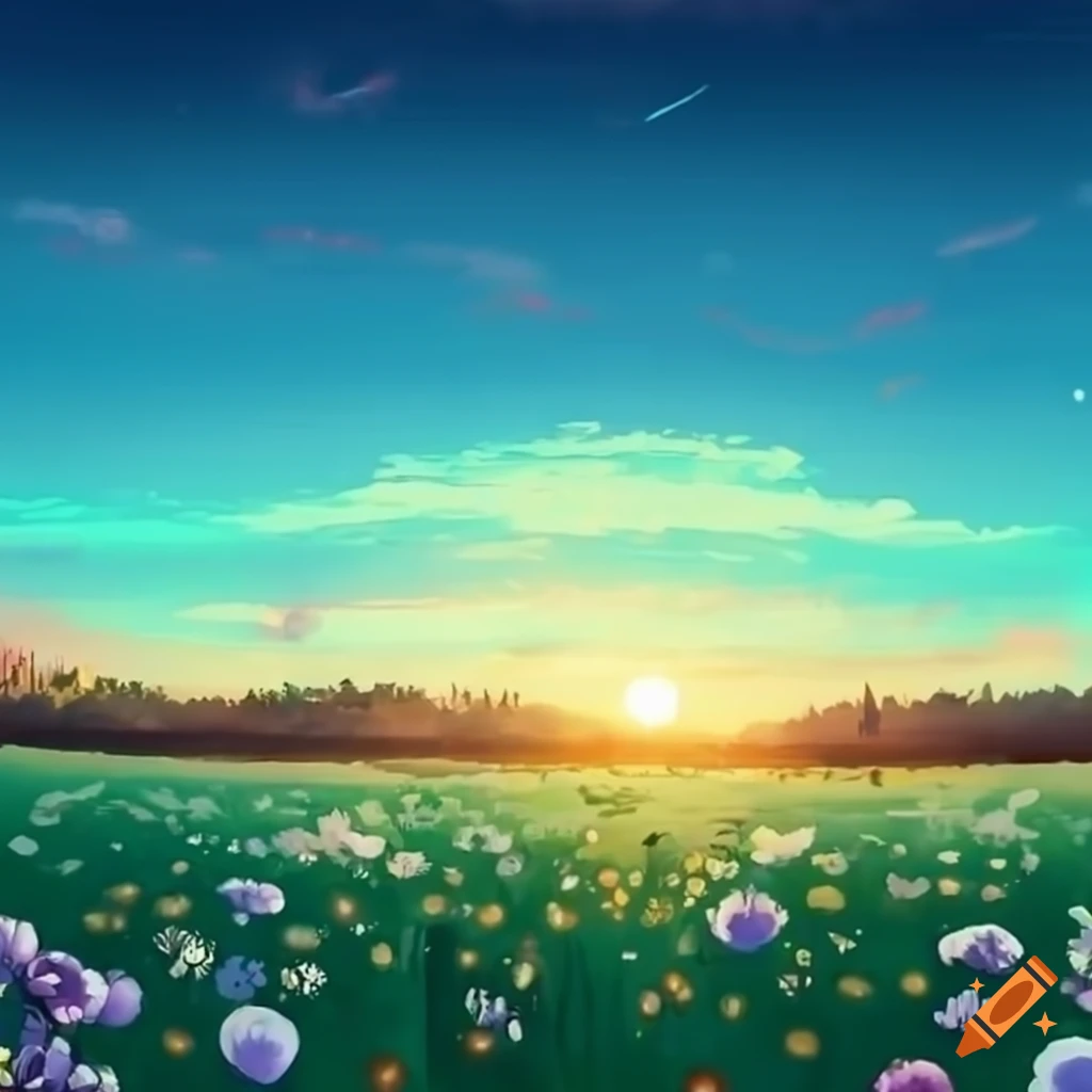 Sunrise on anime flower fields on Craiyon