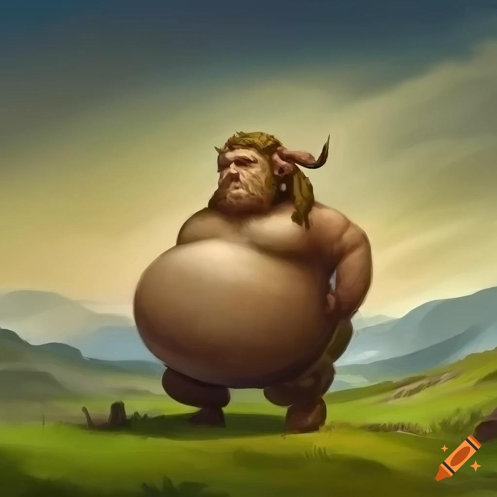 Fat halfling satyr with symmetric horns and a large belly and a round ...