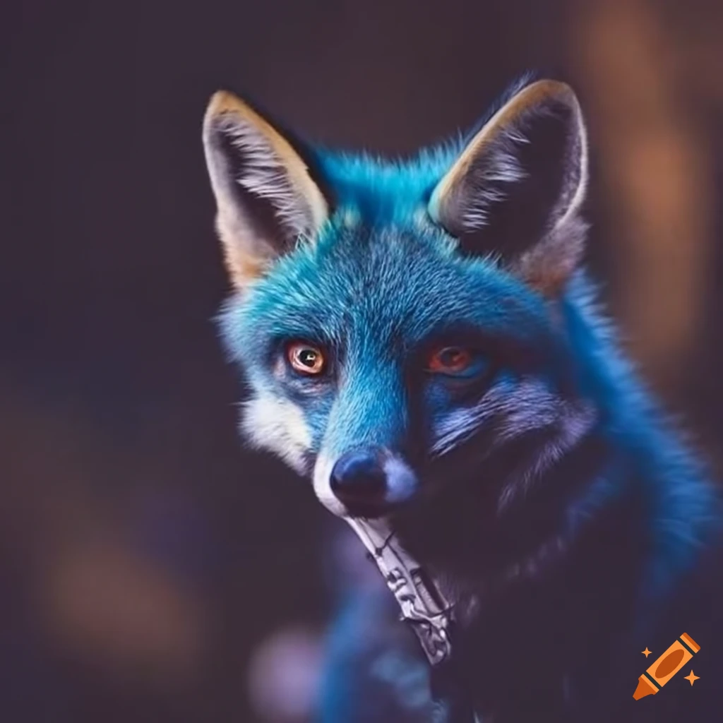 A blue fox wearing blue leather motorcycle jacket