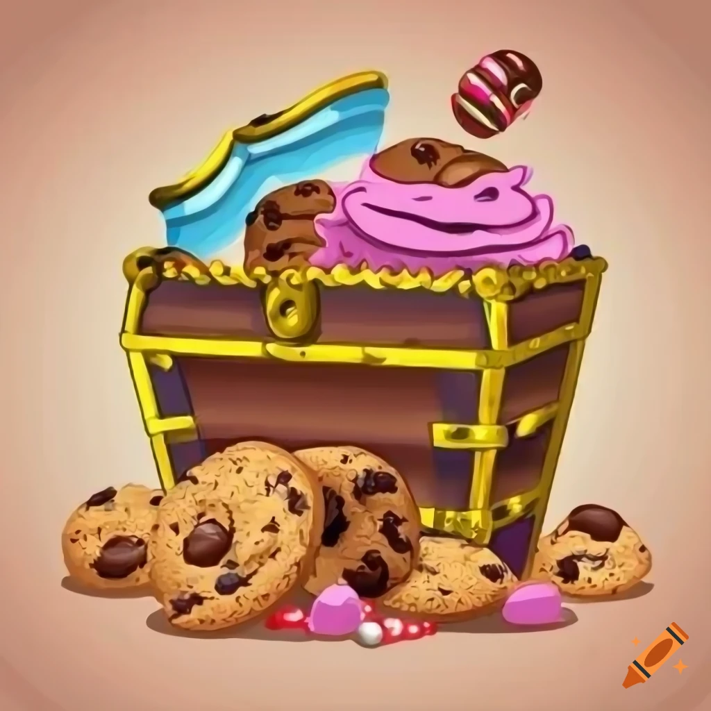 Cartoon image of an enormous treasure chest overflowing with delicious mini  chocolate chip cookies, cupcakes, and sweets on Craiyon