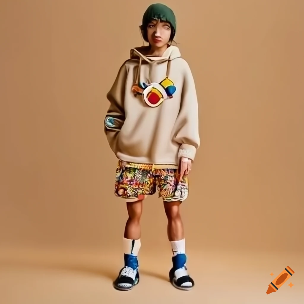 Takashi murakami outfit with crocs clogs, beige shorts, beige hoodie,  chains and a beige beanie