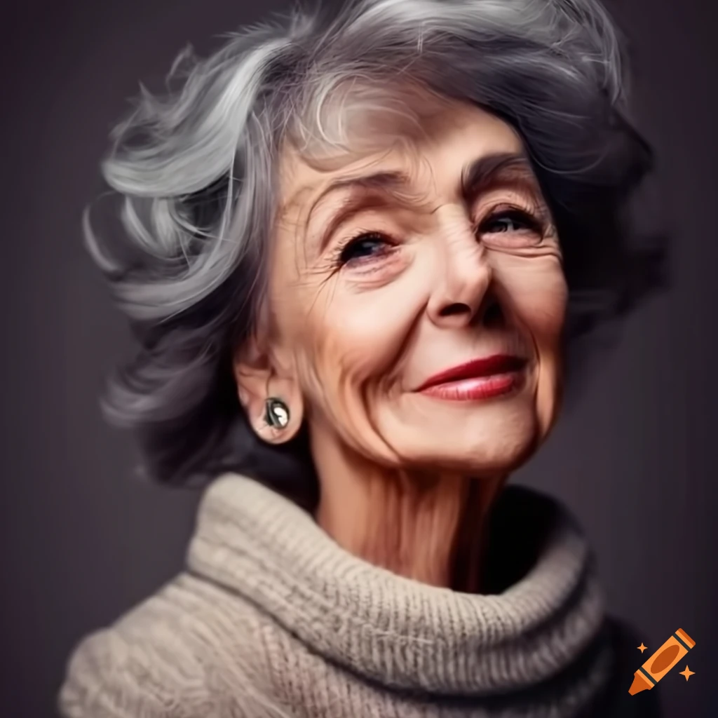 Older lady in a sweater with elegant hairstyle and kind smile on Craiyon