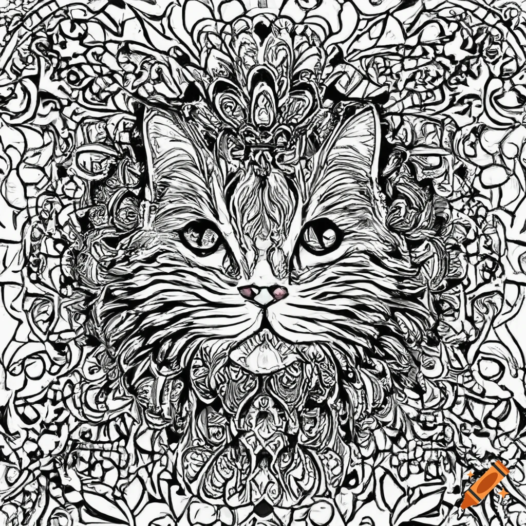 Coloring pages, mandala, cat image , white background, black and white