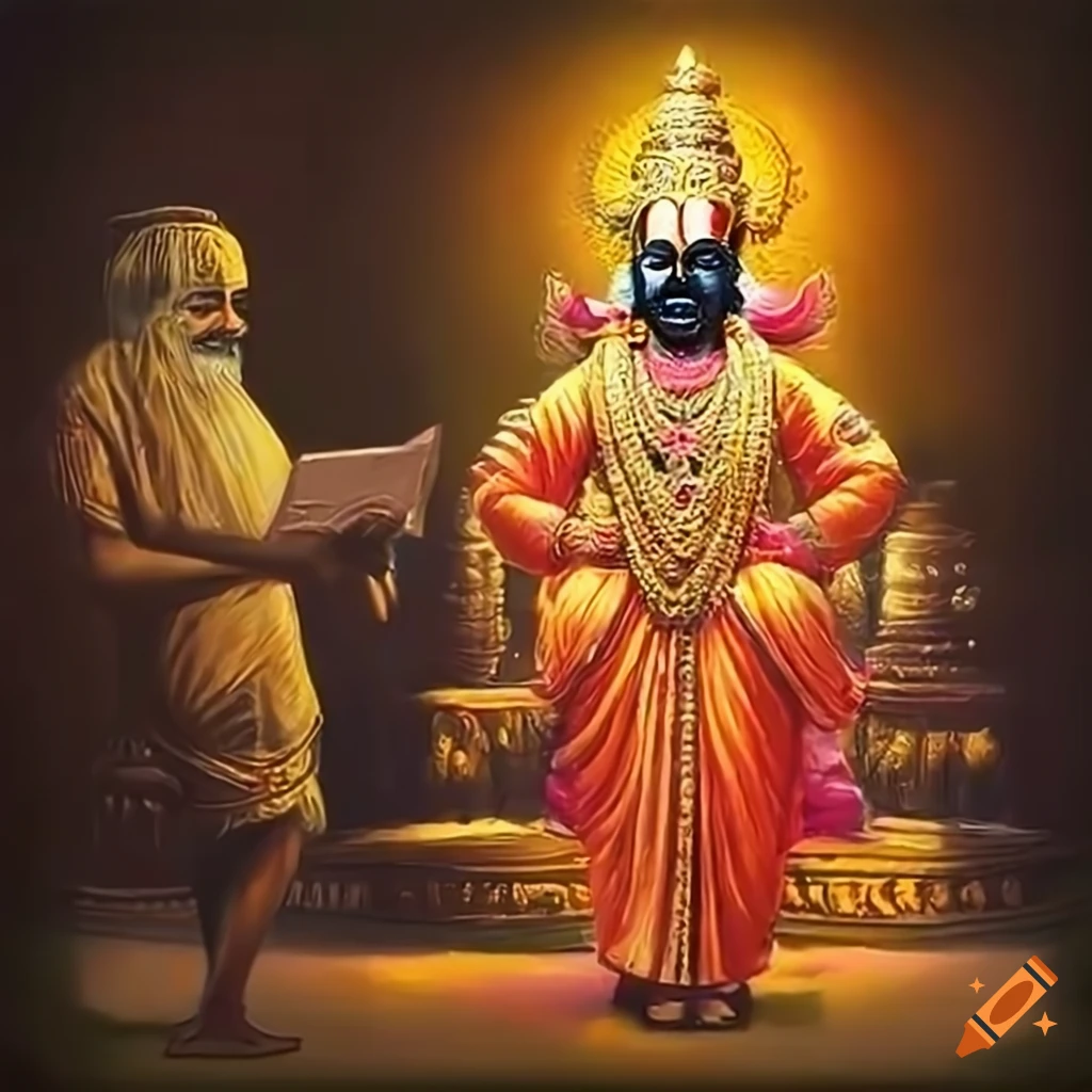 god vitthal reading a letter, detailed oil painting, extreme wide shot, devotional, highly detailed 4k