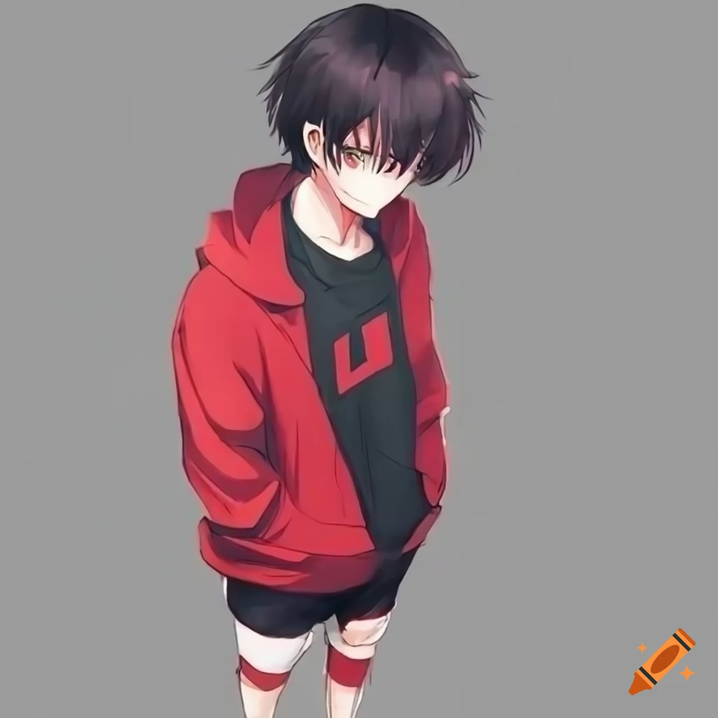 Anime boy with red sweatshirt, black shorts full body full hd 1080p 4k
