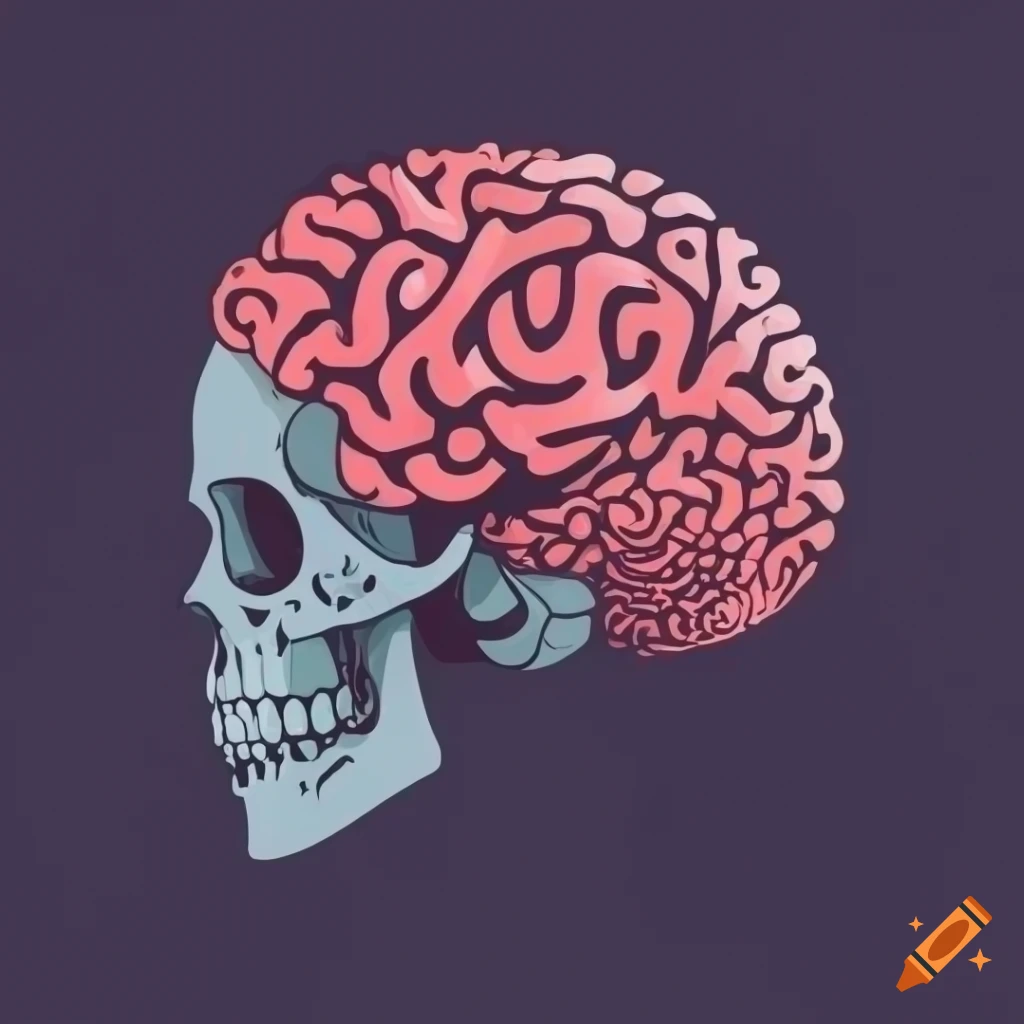 Illustration of brain and skull in monochrome vector style on Craiyon