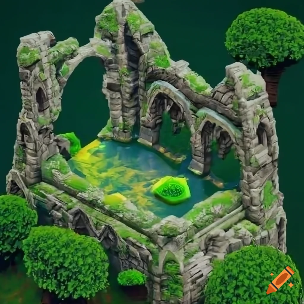 A moss-covered stone ruins in a fantasy RPG game forest fantasy grass ...