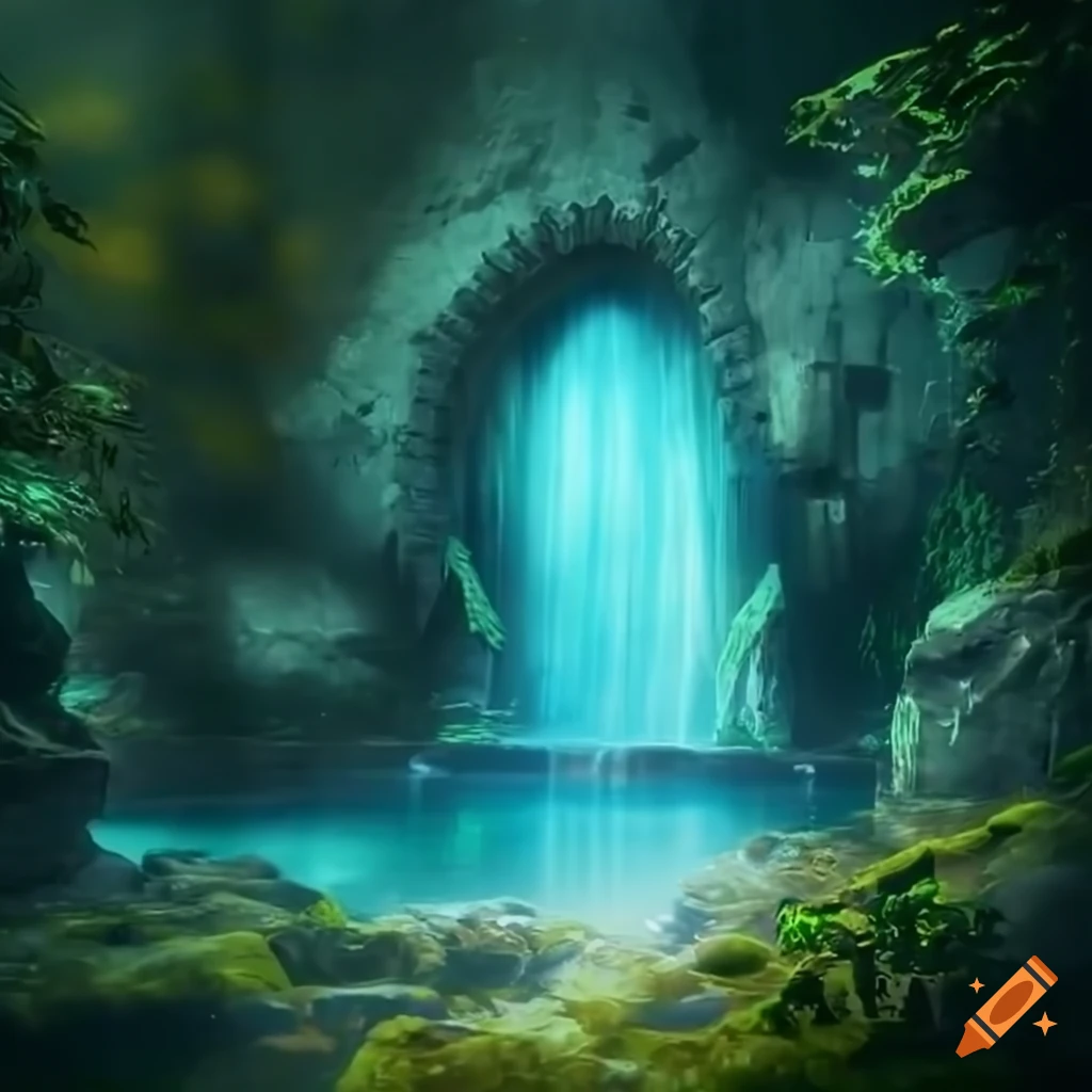 Enchanted Portal opaque to another world inside of a cove, high definition, with flowing water with awoken destiny ruins in a fantasy reflective pools and waterfalls, A moss-covered stone castle or Church ruin amidst a lush fantasy game forest geology illustration of rock expansion in sunlight gothic ruins, ruins of Atlantis, underwater, lit by shafts of light, cinematic lighting, 8k, unreal engine render