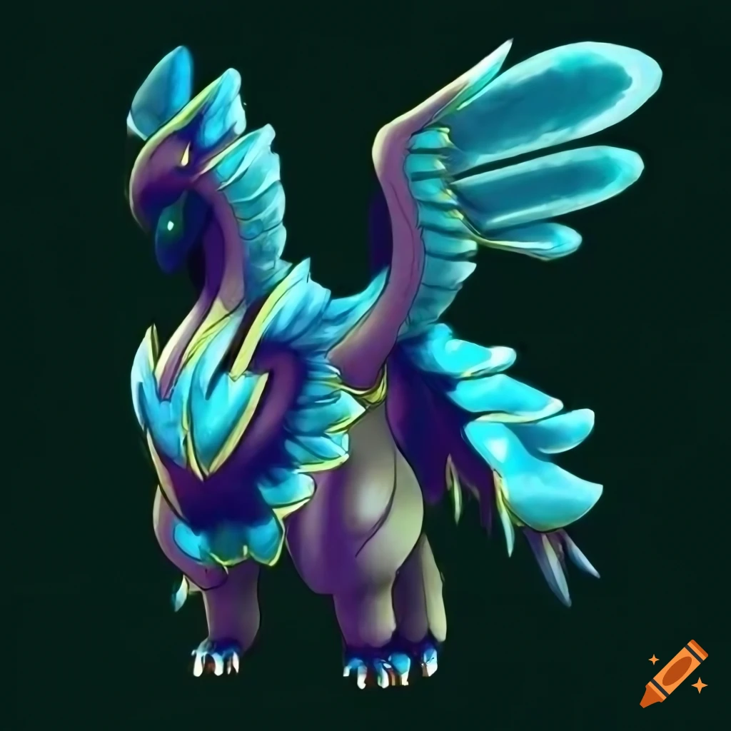 A mythical and majestic pokemon whose appearance is inspired by the bald  eagle, but with elements specific to lucario. it has white, feather-like  feathers on its head, resembling a crown, and glowing